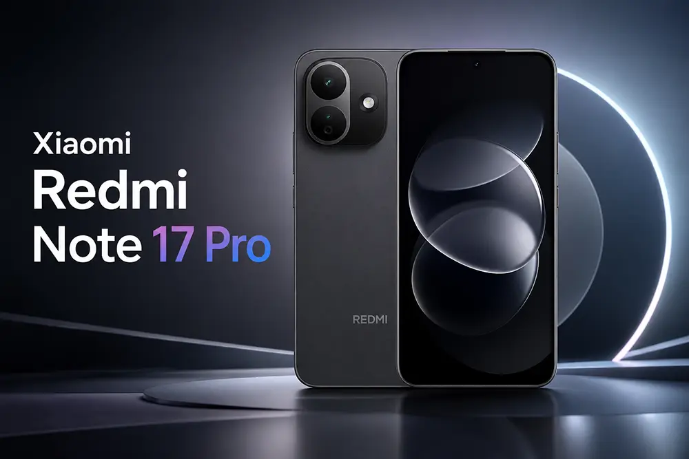 Xiaomi Redmi Note 17 Pro із виглядом спереду та ззаду на стильному темному фоні